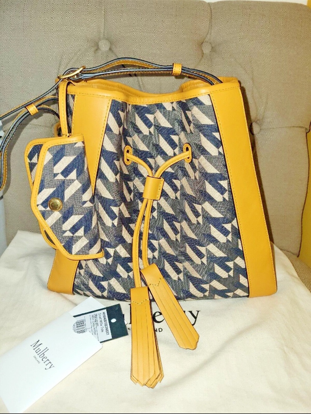 Mulberry Yellow Leather-Trim Navy Pattern Drawstring Shoulder Bag